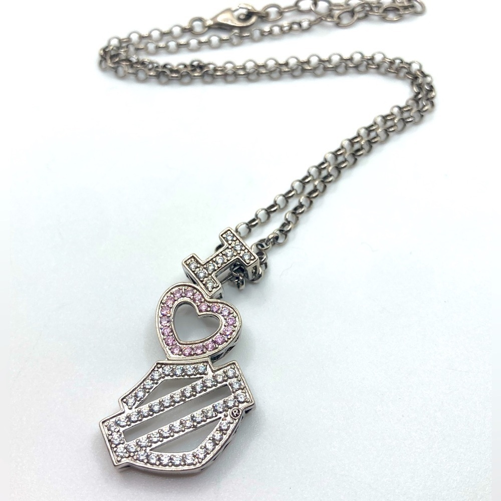 Harley-davidson Sterling White Pink Crystal Heart Bar Shield Pendant 19” / 1.8”
